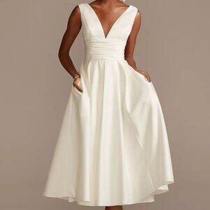 David's Bridal DB Studio Ivory Satin V-Neck Tea Length A-Line